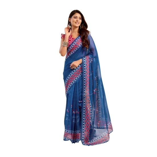 Generic Women's Linen Cotton Printed Ready To Wear Saree With Unstitched Blouse 5.5 Mtr (Blue)