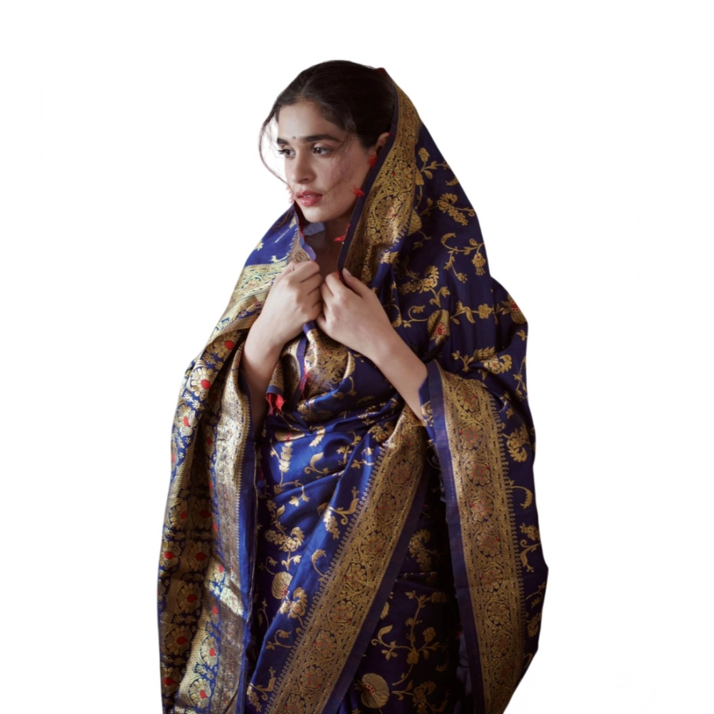 Generic Women's Soft Litchi Silk Jacquard Work Saree With Unstitched Blouse 5.5Mtr (Blue)