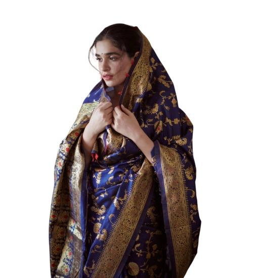 Generic Women's Soft Litchi Silk Jacquard Work Saree With Unstitched Blouse 5.5Mtr (Blue)