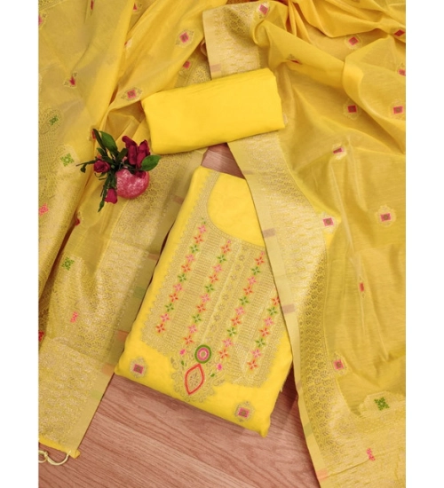 Generic Women's Banarasi Silk Printed Unstitched Salwar Suit Material With Dupatta (Yellow, 3Mtrs)