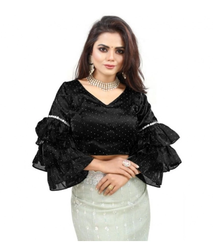 Generic Women's Organza Solid V Neck Layered Ruffle Sleeve Readymade Blouse (Black Free Size , up to 38–40 Bust)-PID65848