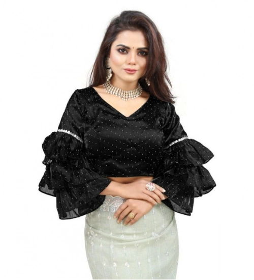 Generic Women's Organza Solid V Neck Layered Ruffle Sleeve Readymade Blouse (Black Free Size , up to 38–40 Bust)-PID65848 Generic Women's Organza Solid V Neck Layered Ruffle Sleeve Readymade Blouse (Black Free Size , up to 38–40 Bust)-PID65848