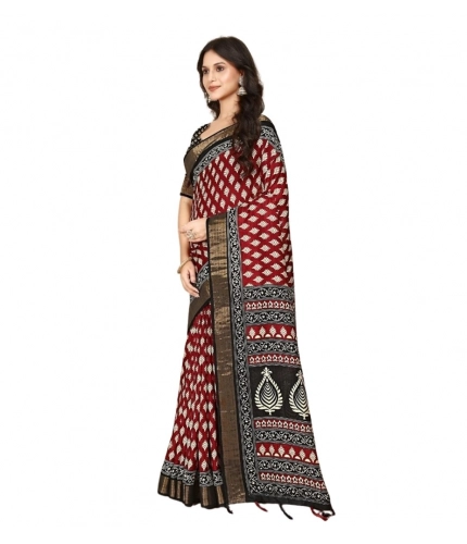 Generic Women's Cotton Silk Printed Saree With Unstitched Blouse 5.5Mtr (Red)