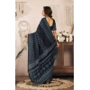 Generic Women's Faux Linen Geometric Print Ready to wear Saree With Unstitched Blouse 5.5Mtr (Black)
