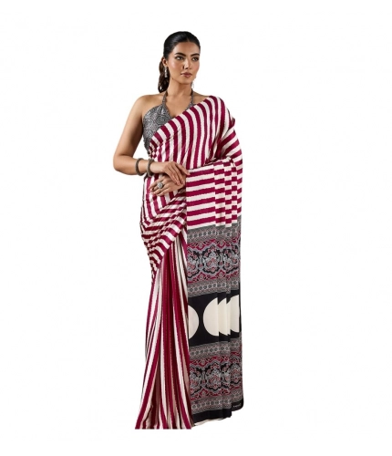 Generic Women's Satin Crepe Printed Saree With Unstitched Blouse 5.5Mtr (Maroon)