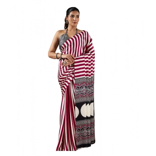 Generic Women's Satin Crepe Printed Saree With Unstitched Blouse 5.5Mtr (Maroon)