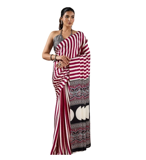 Generic Women's Satin Crepe Printed Saree With Unstitched Blouse 5.5Mtr (Maroon)