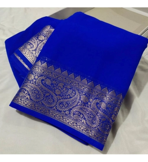 Generic Women's Crepe Chit Pallu Solid Saree With Unstitched Blouse 5.5Mtr (Navy Blue)