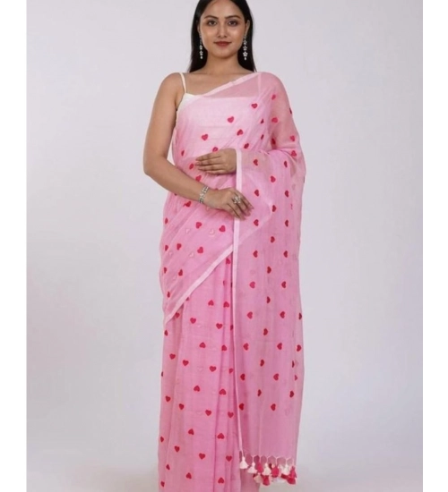 Generic Women's Linen Printed Saree With Unstitched Blouse 5.5Mtr (Pink)