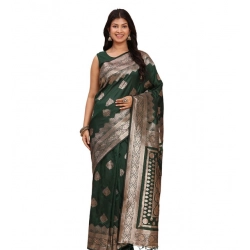 Generic Women's Banarasi Silk Printed Saree With Unstitched Blouse 5.5Mtr (Green)