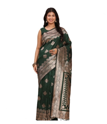 Generic Women's Banarasi Silk Printed Saree With Unstitched Blouse 5.5Mtr (Green)