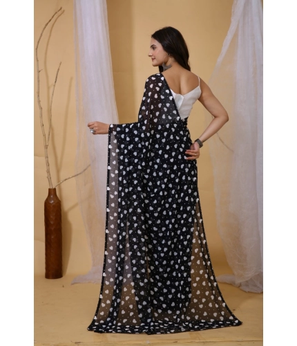 Generic Women's Georgette Printed Saree With Unstitched Blouse 5.5Mtr (Black)