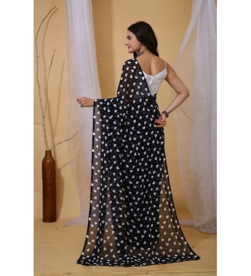 Generic Women's Georgette Printed Saree With Unstitched Blouse 5.5Mtr (Black)