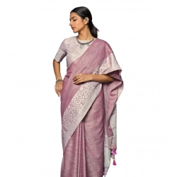 Generic Women's Linen Printed Saree With Unstitched Blouse 5.5Mtr (Purple)
