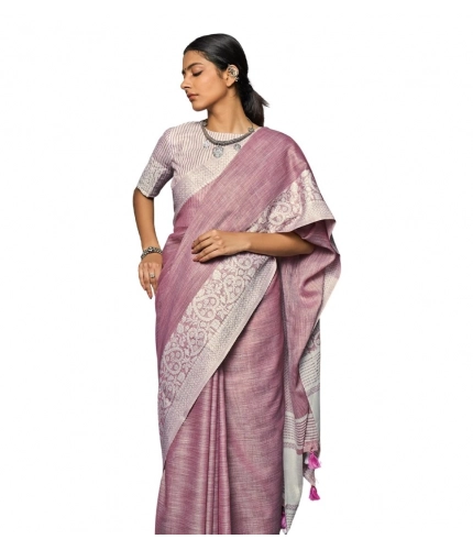 Generic Women's Linen Printed Saree With Unstitched Blouse 5.5Mtr (Purple)