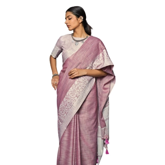 Generic Women's Linen Printed Saree With Unstitched Blouse 5.5Mtr (Purple)