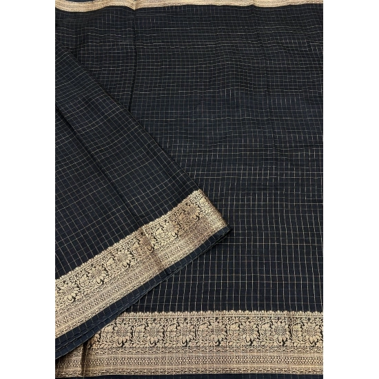 Generic Women's Cotton Blend Checkered Saree With Unstitched Blouse 5.5Mtr (Black)