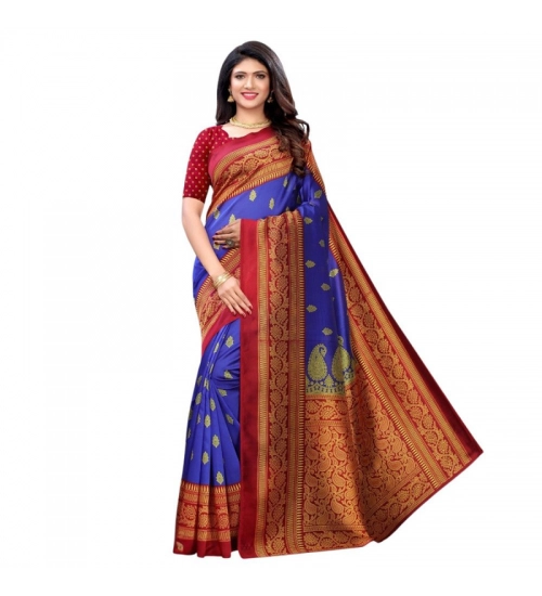 Generic Women's Litchi silk Printed Saree With Unstitched Blouse  5-6 Mtrs (Blue)