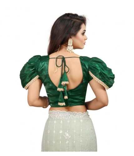 Generic Women's Jimmy Solid V Neck Puff Sleeve Readymade Blouse (Green 38 , Alterable up to 42)-PID65839