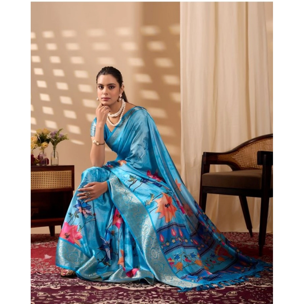 Generic Women's Faux_Silk Printed Saree With Unstitched Blouse 5.5Mtr (Sky_Blue)