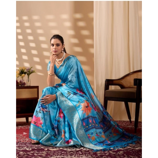 Generic Women's Faux_Silk Printed Saree With Unstitched Blouse 5.5Mtr (Sky_Blue)