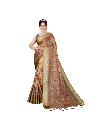 Generic Women's Cotton Silk  Printed Saree With Unstitched Blouse 5.5Mtr (Peach)