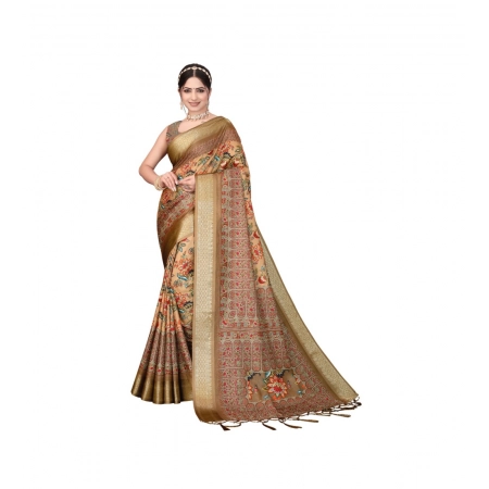 Generic Women's Cotton Silk  Printed Saree With Unstitched Blouse 5.5Mtr (Peach)