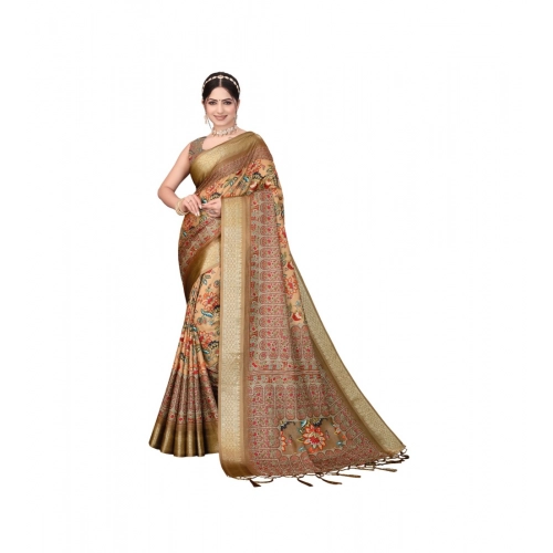 Generic Women's Cotton Silk  Printed Saree With Unstitched Blouse 5.5Mtr (Peach)