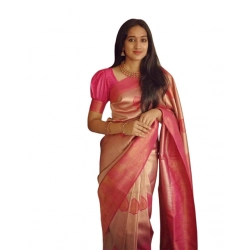 Generic Women's Soft Litchi Silk Jacquard Work Saree With Unstitched Blouse 5.5Mtr (Pink)