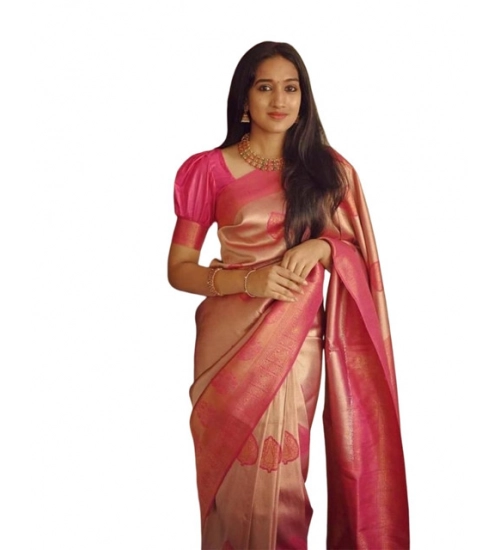 Generic Women's Soft Litchi Silk Jacquard Work Saree With Unstitched Blouse 5.5Mtr (Pink)