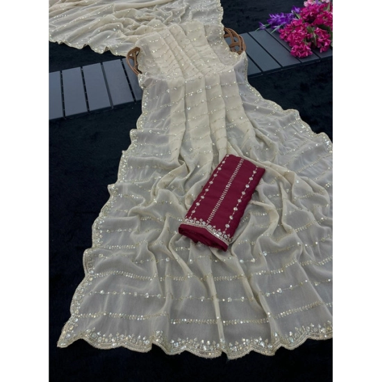 Generic Women's Star Georgette Embroidered Saree With Unstitched Blouse 5.5Mtr (Beige)