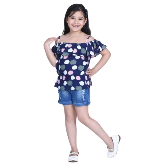 Generic Girl's Rayon Solid Cold Shoulder Top with Shorts (Navy Blue) Generic Girl's Rayon Solid Cold Shoulder Top with Shorts (Navy Blue)