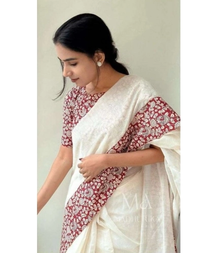 Generic Women's Linen Printed Saree With Unstitched Blouse 5.5Mtr (White)