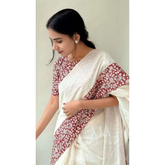 Generic Women's Linen Printed Saree With Unstitched Blouse 5.5Mtr (White)