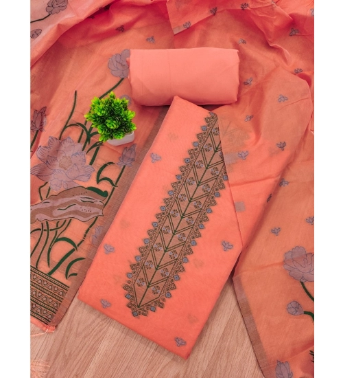 Generic Women's Banarasi Silk Printed Unstitched Salwar Suit Material With Dupatta (Peach, 3Mtrs)