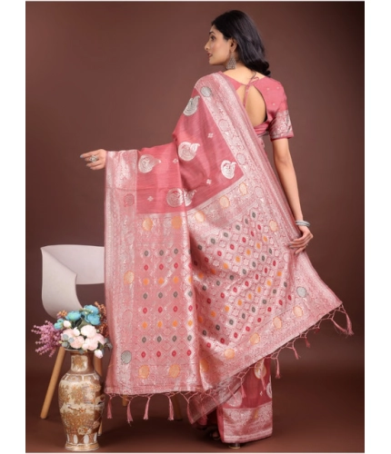 Generic Women's Linen Cotton Printed Saree With Unstitched Blouse 5.5Mtr (Pink)