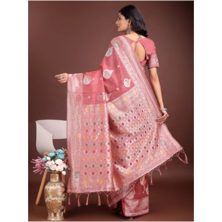 Generic Women's Linen Cotton Printed Saree With Unstitched Blouse 5.5Mtr (Pink)