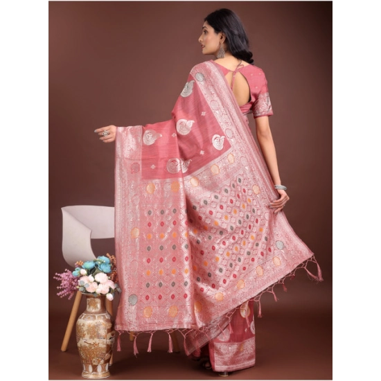Generic Women's Linen Cotton Printed Saree With Unstitched Blouse 5.5Mtr (Pink)