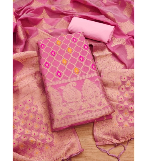 Generic Women's Banarasi Silk Printed Unstitched Salwar Suit Material With Dupatta (Pink, 3Mtrs)