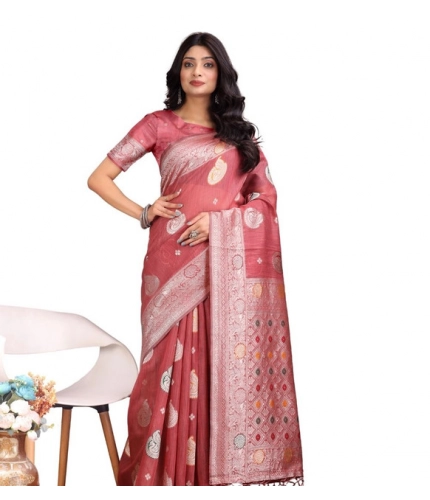 Generic Women's Linen Cotton Printed Saree With Unstitched Blouse 5.5Mtr (Pink)