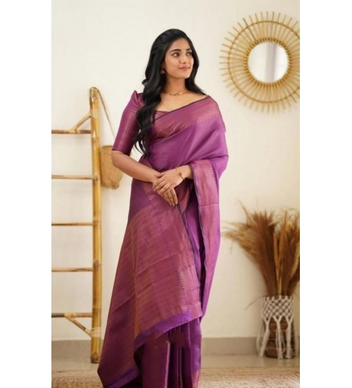 Generic Women's Litchi silk Printed Saree With Unstitched Blouse (Purple)
