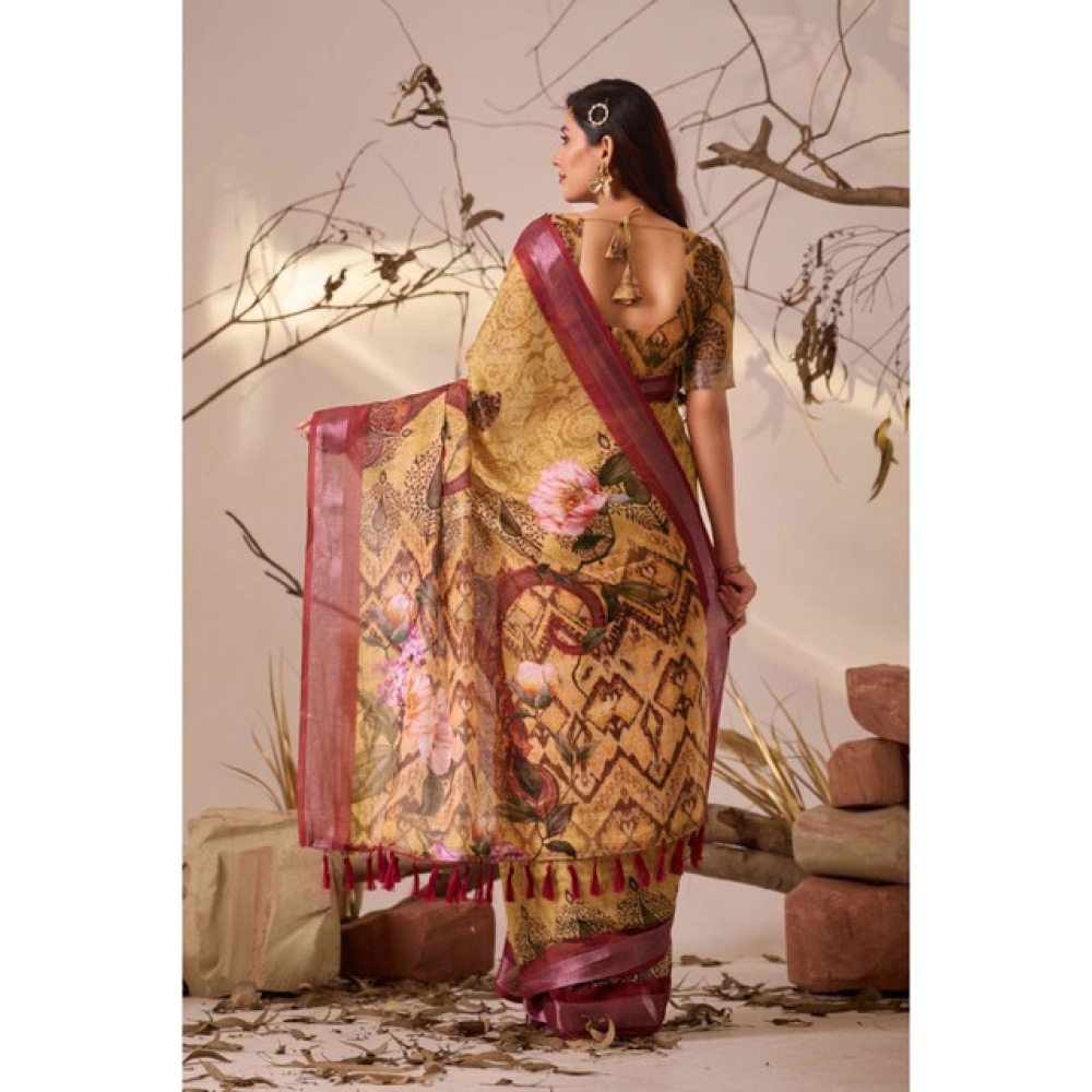 Generic Women's Faux_Linen Printed Saree With Unstitched Blouse 5.5Mtr (Mustard)