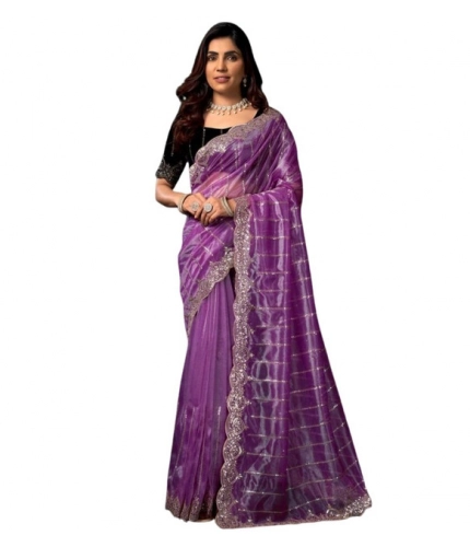 Generic Women's Net Sequence Saree With Unstitched Blouse 5.5Mtr (Lavender)