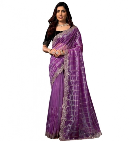 Generic Women's Net Sequence Saree With Unstitched Blouse 5.5Mtr (Lavender)