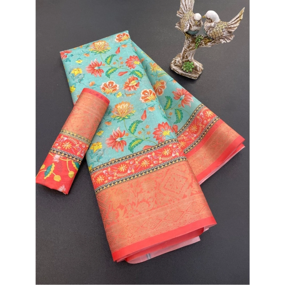 Generic Women's Soft Dola Cotton Printed Saree With Unstitched Blouse 5.5Mtr (Green)