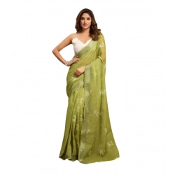 Generic Women's Linen Cotton Printed Ready To Wear Saree With Unstitched Blouse 5.5 Mtr (Light_Green)
