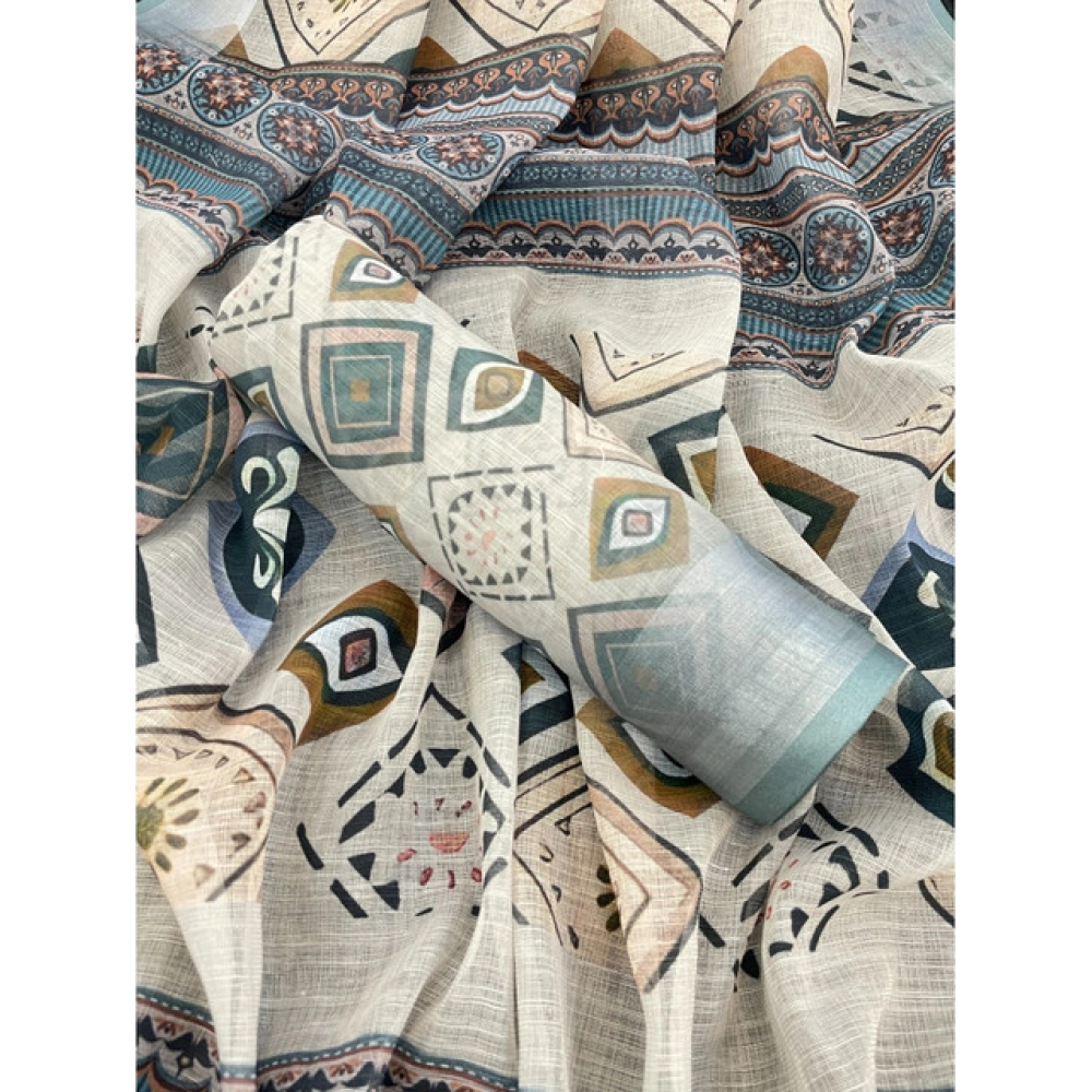 Women's Linen Cotton  Printed Saree With Unstitched Blouse 5.5Mtr (Grey)
