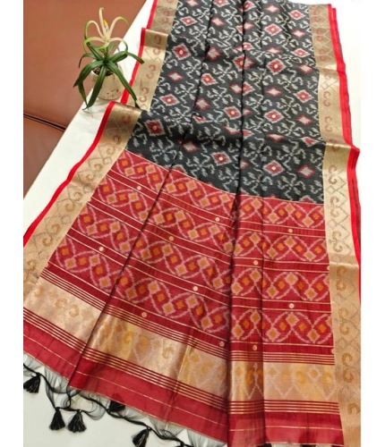 Generic Women's Raw Silk Ikkat Saree With Unstitched Blouse 5.5Mtr (Black)