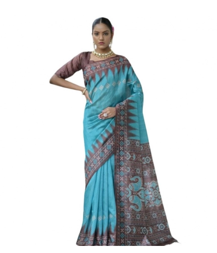 Generic Women's Faux_Tussar Ikat Saree With Unstitched Blouse 5.5Mtr (Aqua_Blue)
