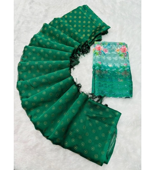 Generic Women's Printed Brasso Saree With Unstitched Blouse (Green, 5-6 Mtrs)